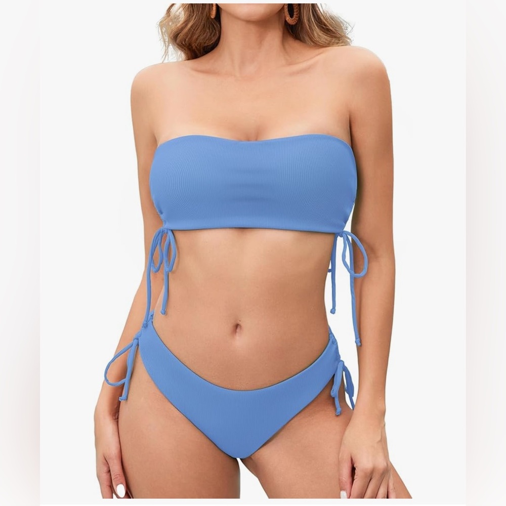 Women's Two Piece Swimsuit Bating Suit Tie Side Ribbed Bandeau Bikini Set Large